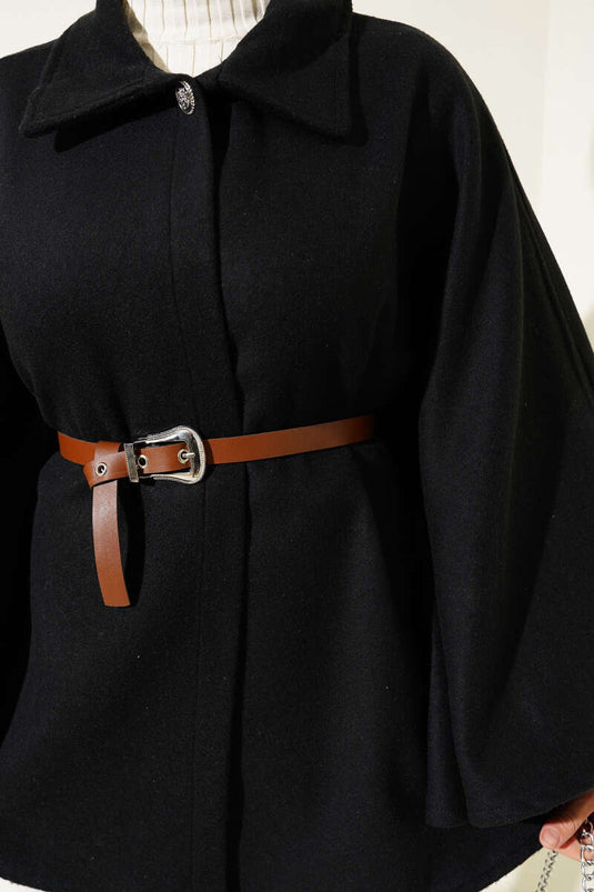 Shirt Collar Belted Cashmere Poncho Black