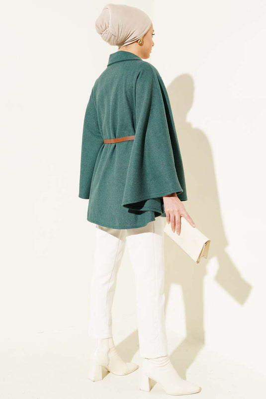Shirt Collar Belted Cashmere Poncho Green