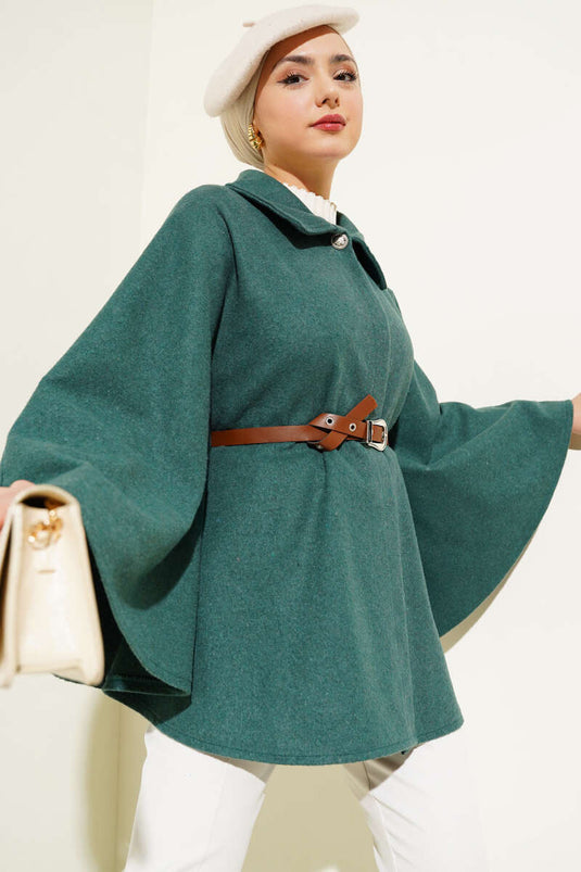 Shirt Collar Belted Cashmere Poncho Green