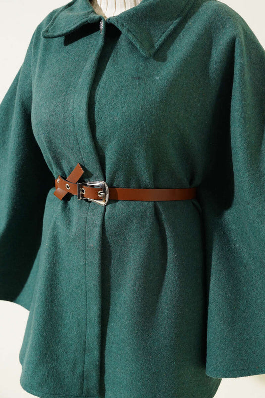 Shirt Collar Belted Cashmere Poncho Green