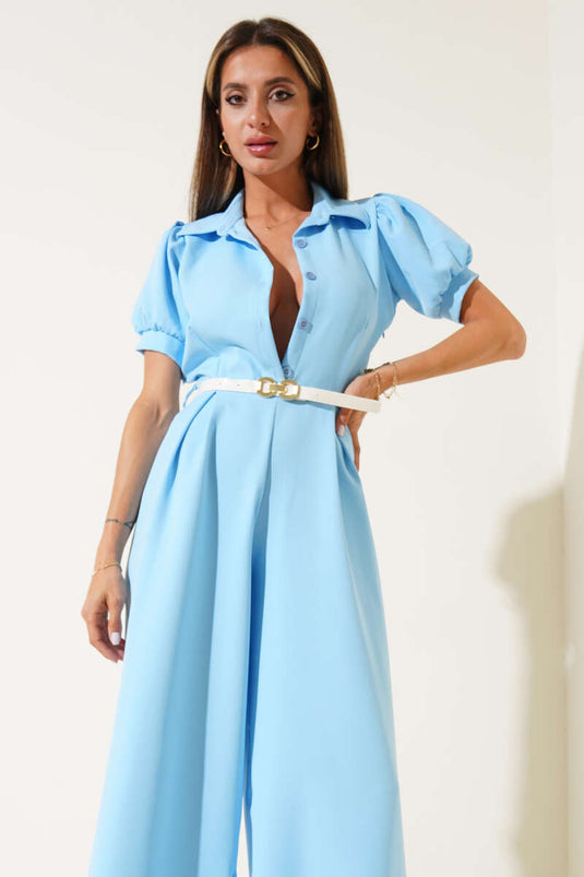 Kurzarm-Jumpsuit mit Hemdkragen und Gürtel, blau