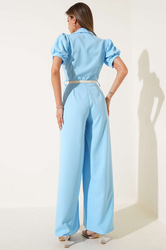 Kurzarm-Jumpsuit mit Hemdkragen und Gürtel, blau