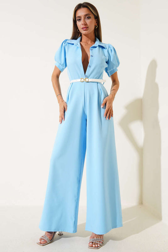 Gömlek Yaka Kemerli Kısa Kol Tulum Mavi