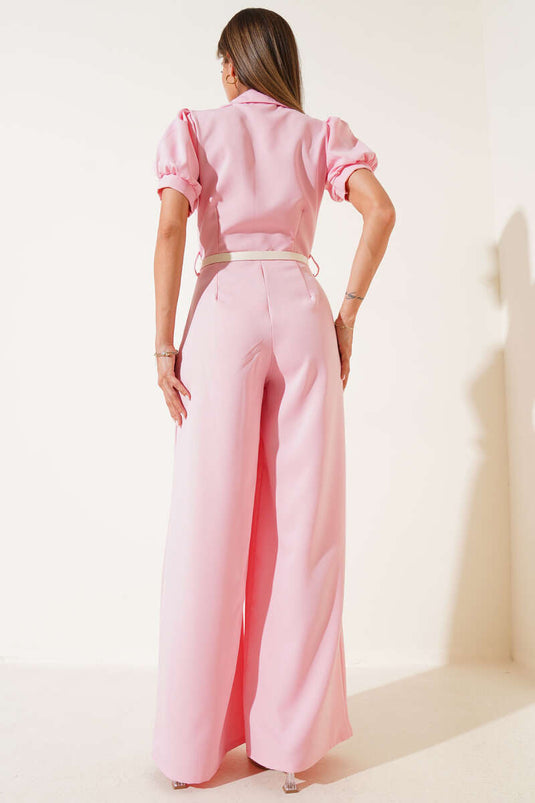 Kurzarm-Jumpsuit mit Hemdkragen und Gürtel, rosa