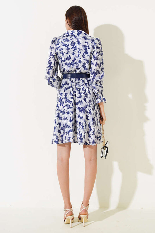 فستان متوسط الطول بحزام وياقة قميص، رمادي