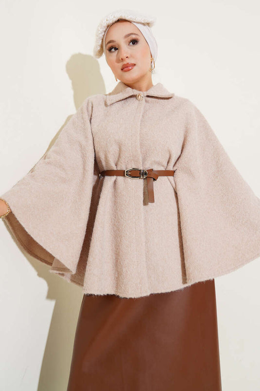 Shirt Collar Belted Poncho Beige