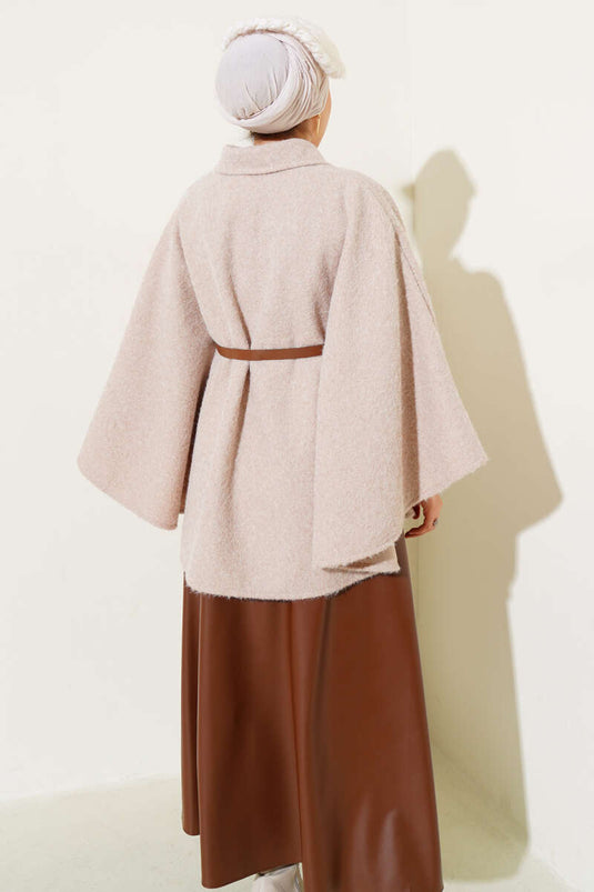 Shirt Collar Belted Poncho Beige