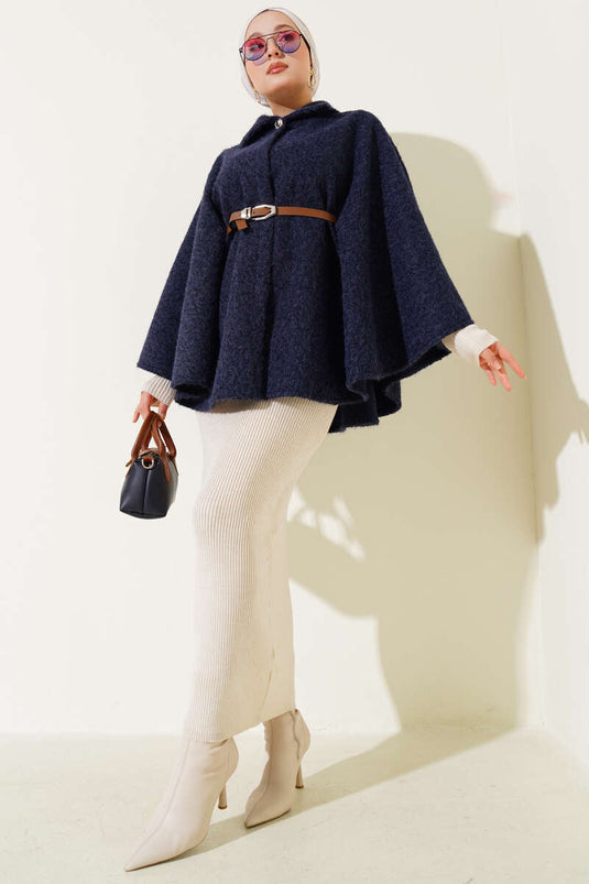 Shirt Collar Belted Poncho Navy Blue