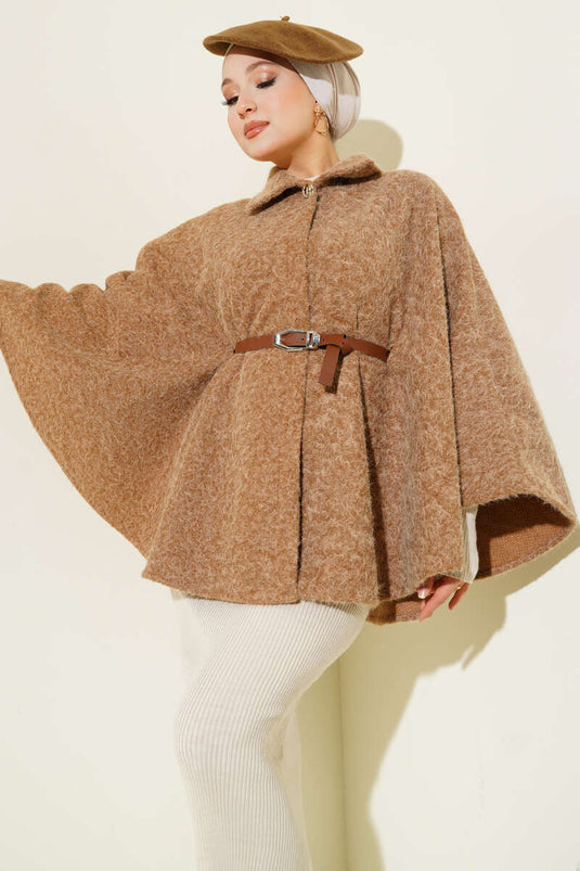 Shirt Collar Belted Poncho Latte