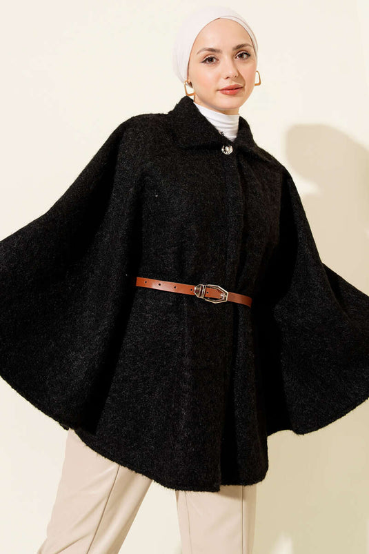 Shirt Collar Belted Poncho Black