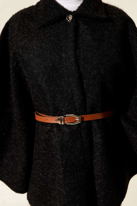 Shirt Collar Belted Poncho Black