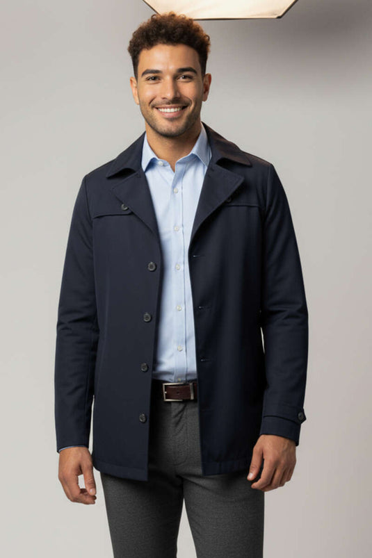 Trench-coat court à col chemise pour homme, bleu marine