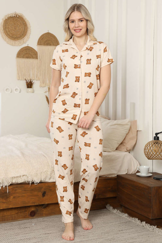 Gömlek Yaka Kısa Kol Ayıcık Fiyonklu Pijama Takımı Bej