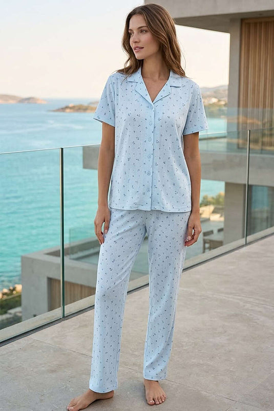 Gömlek Yaka Kısa Kol Desenli Pijama Takım Bebe Mavi
