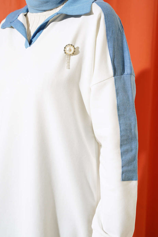 بدلة مزدوجة بياقة القميص من الدنيم باللون البني الفاتح