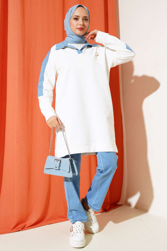 بدلة مزدوجة بياقة القميص من الدنيم باللون البني الفاتح