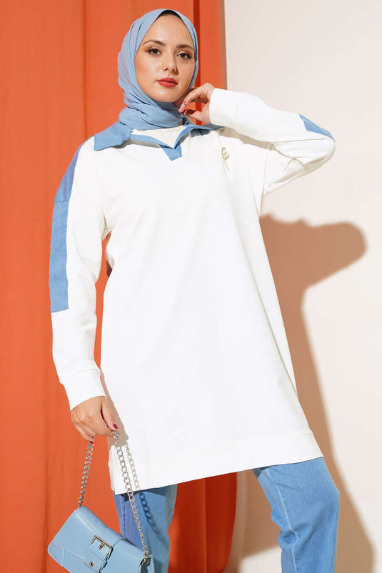 بدلة مزدوجة بياقة القميص من الدنيم باللون البني الفاتح