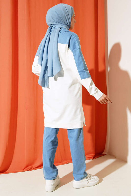 بدلة مزدوجة بياقة القميص من الدنيم باللون البني الفاتح