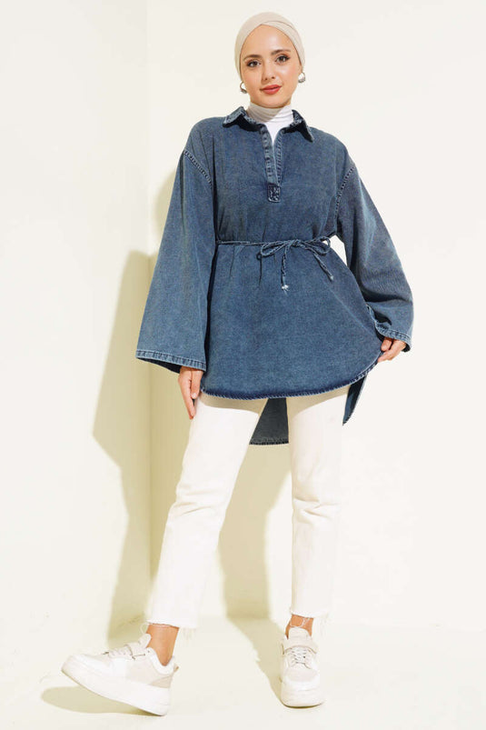 Shirt Collar Denim Tunic Denim Blue