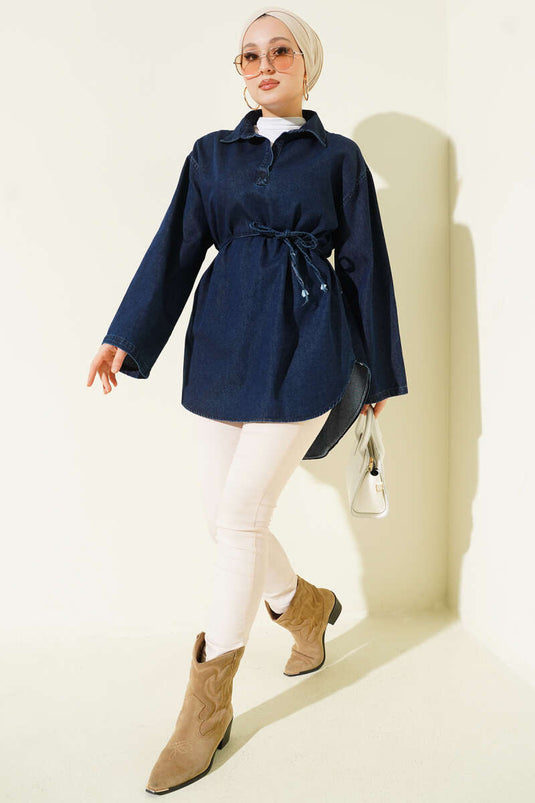 Tunique En Jean À Col Chemise Bleu Marine
