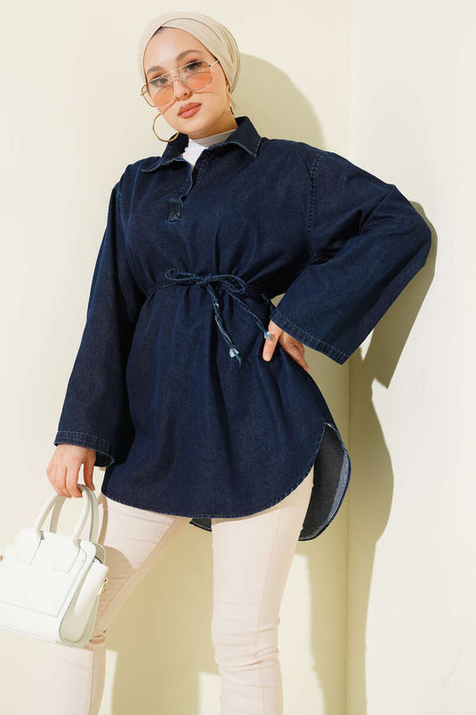 Tunique En Jean À Col Chemise Bleu Marine