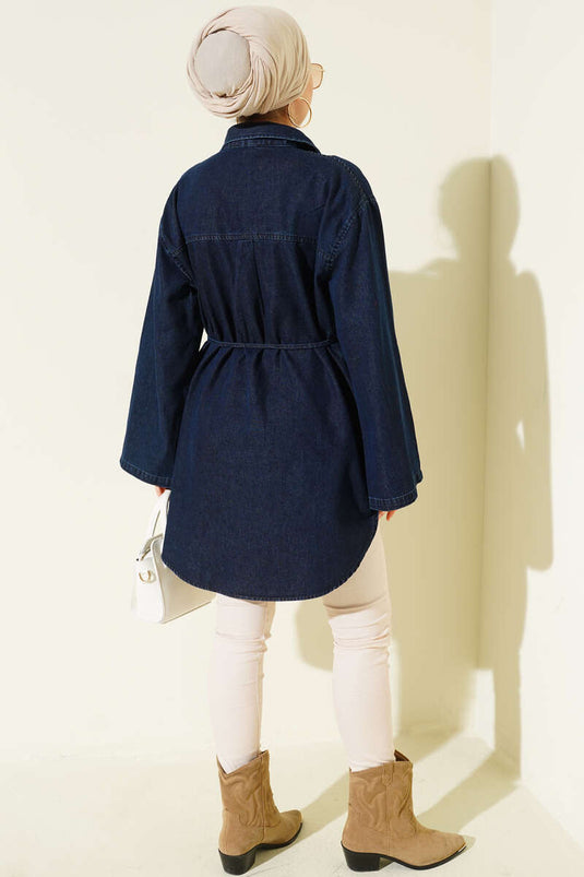 Tunique En Jean À Col Chemise Bleu Marine