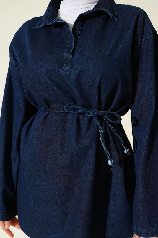 Tunique En Jean À Col Chemise Bleu Marine
