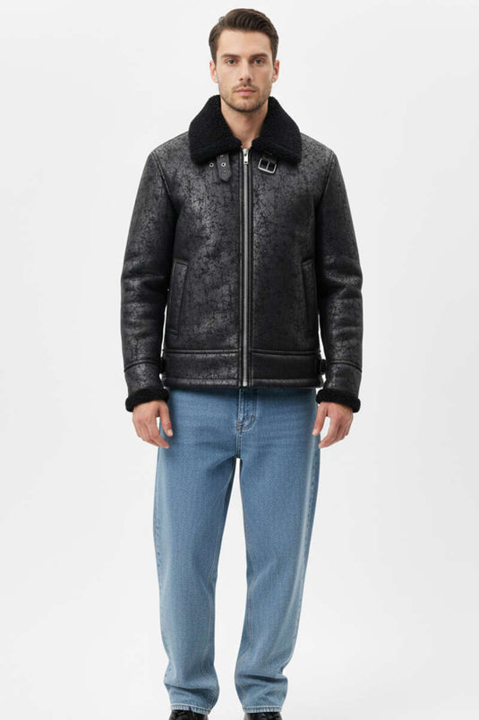 Veste pour homme à col chemise avec fourrure noire