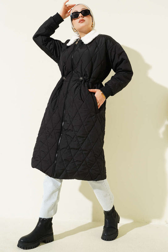 Gömlek Yaka Kürklü Kapitone Mont Siyah