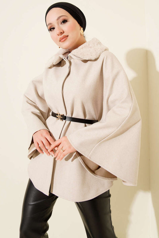Gömlek Yaka Kürklü Kaşe Panço Bej