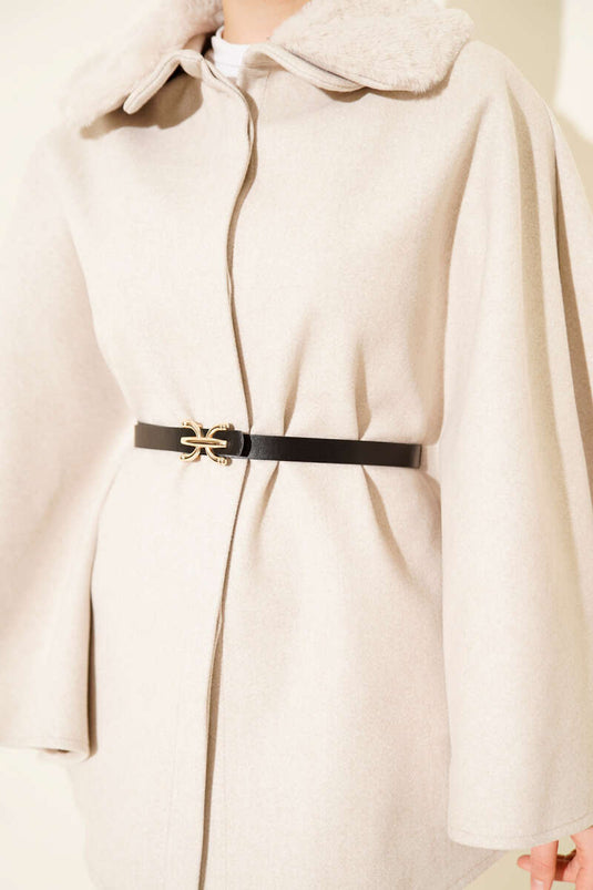 Gömlek Yaka Kürklü Kaşe Panço Bej