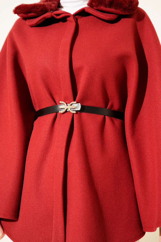 Gömlek Yaka Kürklü Kaşe Panço Bordo