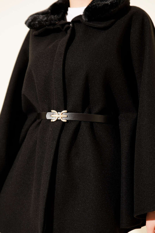 Shirt Collar Fur-Lined Cashmere Poncho, Black