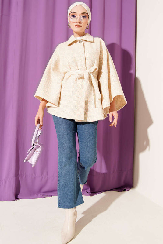 Gömlek Yaka Kuşaklı Kaşe Panço Bej