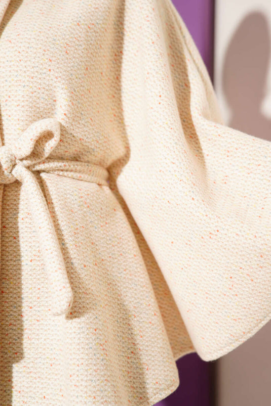 Gömlek Yaka Kuşaklı Kaşe Panço Bej