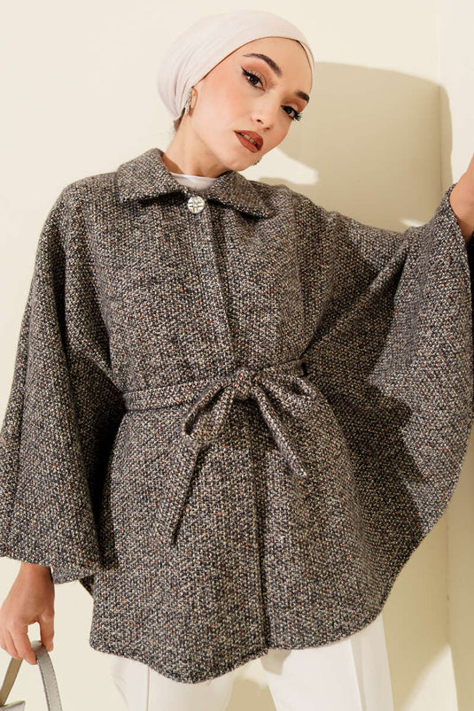Gömlek Yaka Kuşaklı Kaşe Panço Füme
