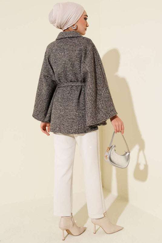 Gömlek Yaka Kuşaklı Kaşe Panço Füme