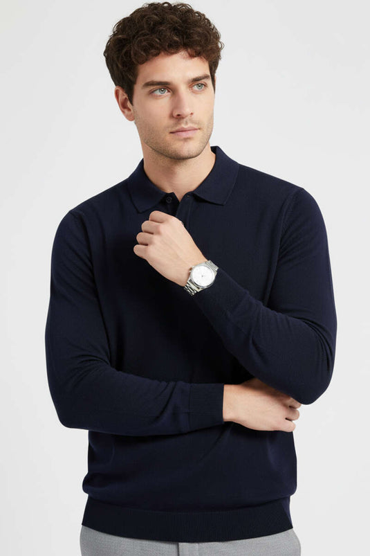 Gömlek Yaka Merserize Triko Erkek Kazak Lacivert