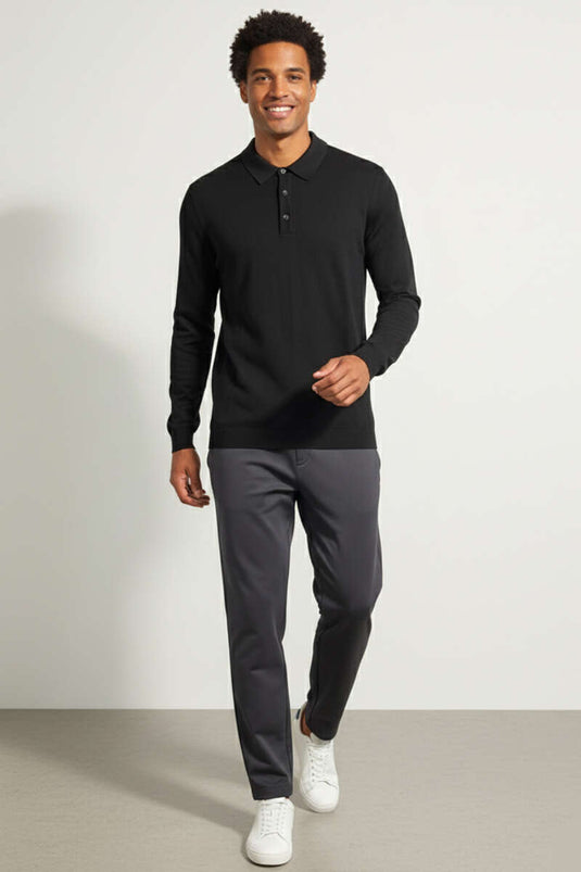 Gömlek Yaka Merserize Triko Erkek Kazak Siyah