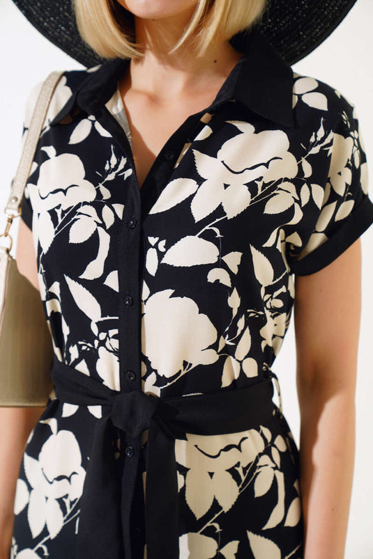 Shirt Collar Midi Dress Black