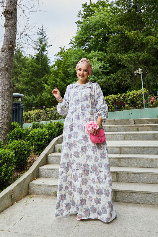Shirt Collar Modal Patterned Hijab Dress Gray