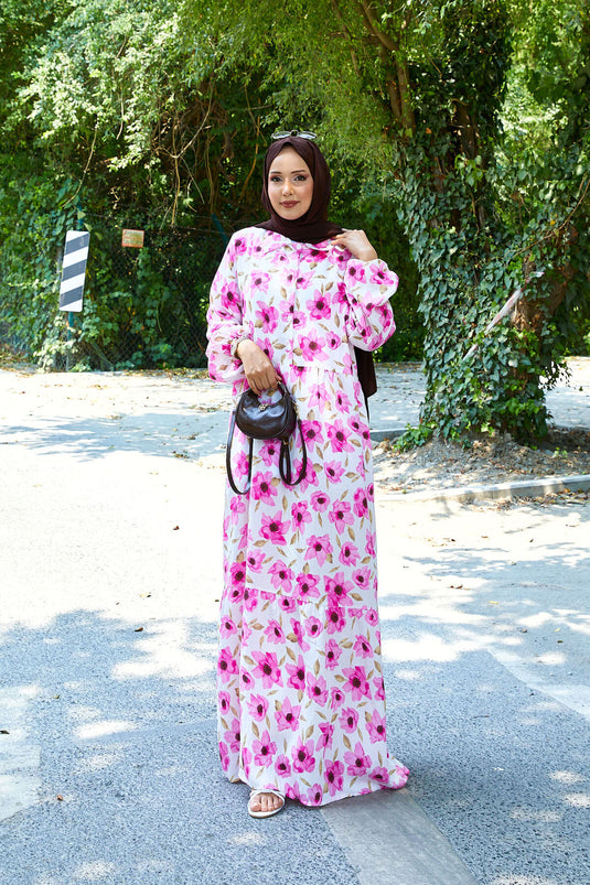 Shirt Collar Modal Patterned Hijab Dress Pink