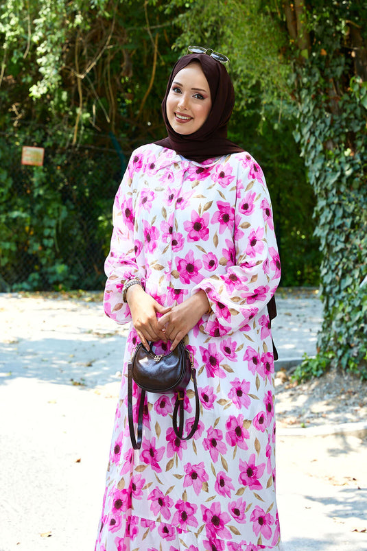 Shirt Collar Modal Patterned Hijab Dress Pink