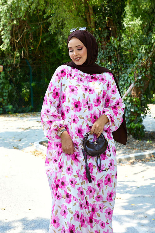 Shirt Collar Modal Patterned Hijab Dress Pink