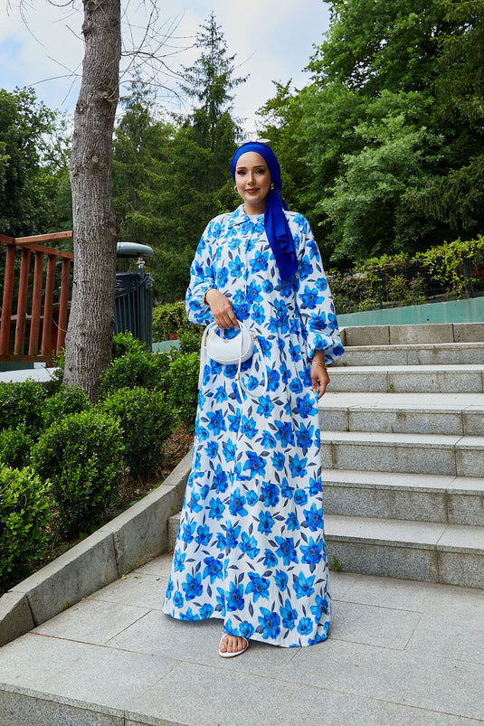 Shirt Collar Modal Patterned Hijab Dress Saxe