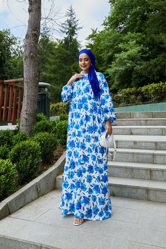 فستان حجاب منقوش بياقة قميص، لون ساكس