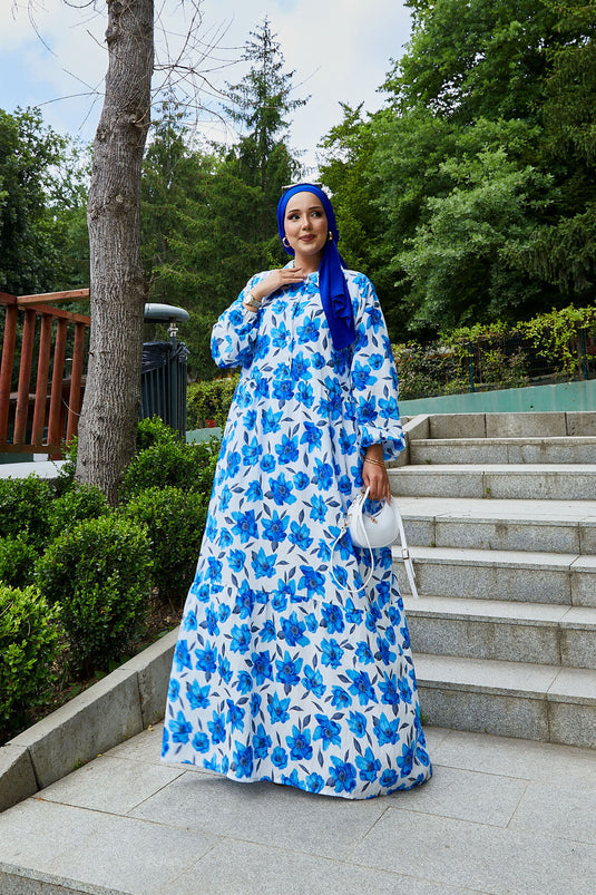 فستان حجاب منقوش بياقة قميص، لون ساكس