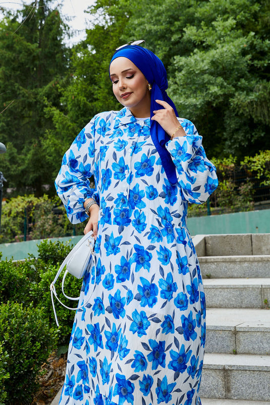Shirt Collar Modal Patterned Hijab Dress Saxe