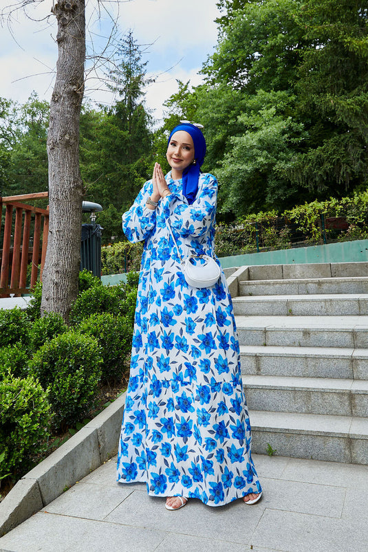 فستان حجاب منقوش بياقة قميص، لون ساكس