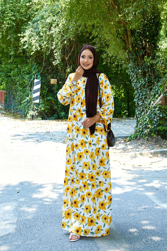 Shirt Collar Modal Patterned Hijab Dress Yellow